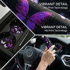 Butterfly Purple Steering Wheel Cover Set + Butterflies 2 Car Coasters | Cute Fashion Car Accessories, Breathable Anti-Slip, Universal 14-15 Inch, Neoprene Coasters, Gift for Women Men