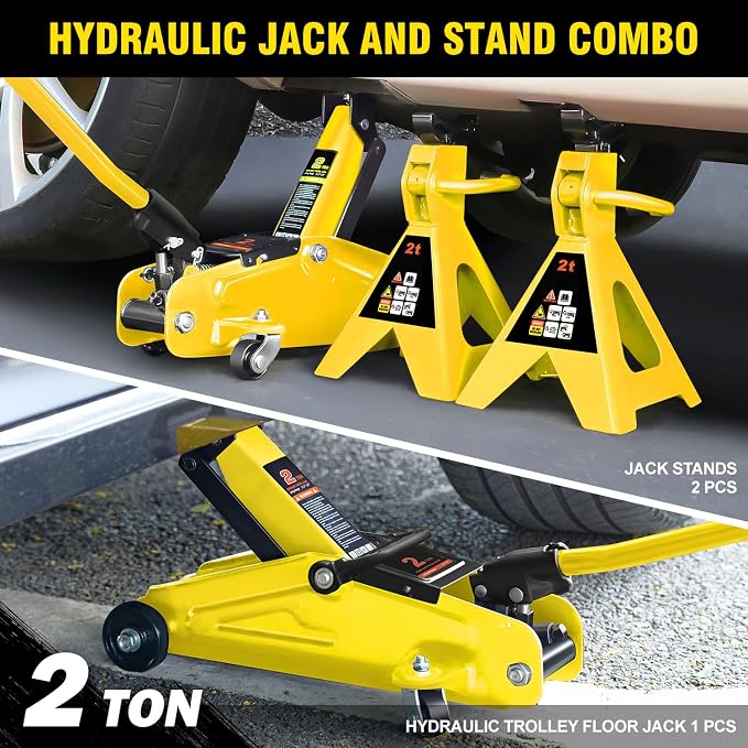 DNA Motoring 2 Ton Car Jack and Stands Kit 2T(4000 lbs) Capacity Low Profile Hydraulic Trolley Service/Floor Jack with 2 Ratchet Stands Combo for Home Garage Shop, Yellow, TOOLS-00476-YL