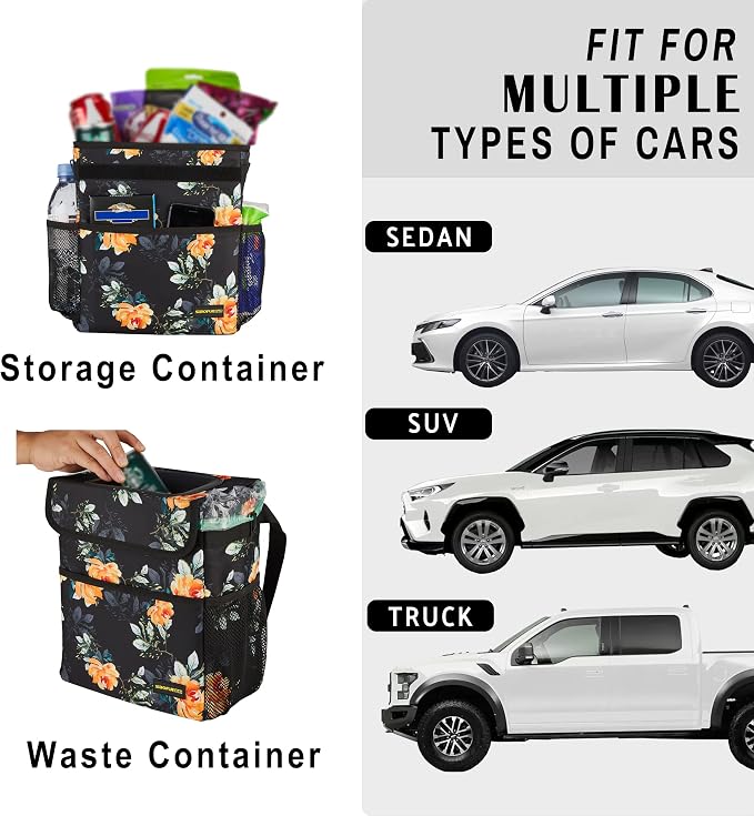 Cute Car Trash Can with Lid – Multipurpose Collapsible Trash Bin for Car, Leak-Proof Organizer, Waterproof Garbage Can with Storage Pockets & Adjustable Straps, 2 Gallons (Flower)