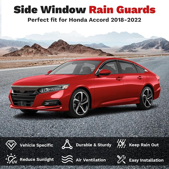 Window Visors Rain Guards for 2018-2022 Honda Accord Accessories, 6PCS, Outside-Mount Tape-On Side Window Wind Deflectors Vent Visors Shades Rainproof Black