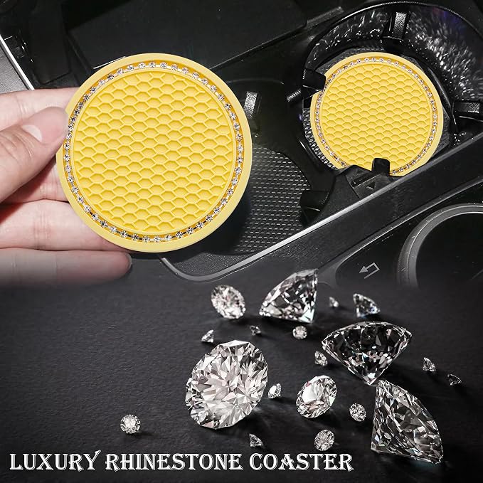 2PCS Bling Cup Holder Coaster, 2.75 Inch Auto Car Cup Holder Insert Coasters, Soft Silicone Anti-Slip Shockproof, Universal Vehicle Interior Accessories for Women Girls (Yellow & White)