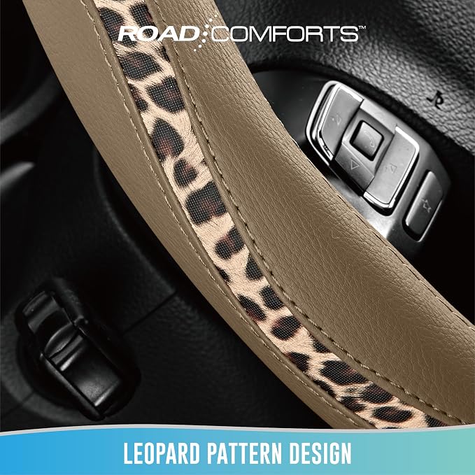 Steering Wheel Cover - Made with PVC Leather and Leopard Fabric - Universal 14 1/2 inches to 15 inches for Most Automotive Steering Wheel - Cheetah Print -Beige
