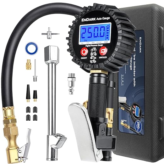 Tire Inflator Pressure Gauge for Air Compressor - Digital Air Chuck | 3-250 PSI, 1% Accuracy, 0.1 PSI Resolution, 360° Rotating Chuck, Extended Hose, Dual-Head Chuck, Hard Carrying Case