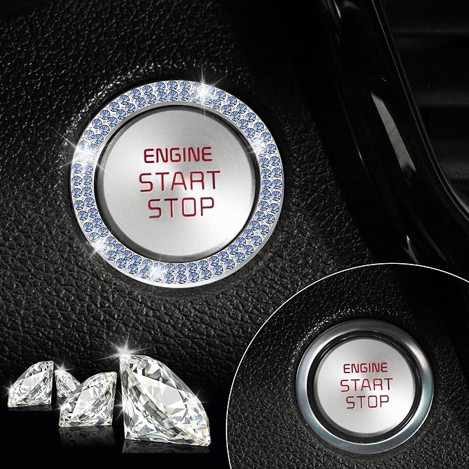 2 PCS Crystal Double Rhinestone Car Engine Start Stop Decoration Ring, Bling Car Interior Accessories for Women, Push to Start Button Cover Sticker, Automotive Decals, Light Blue