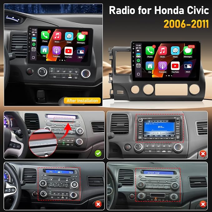 for Honda Civic 2006-2011 Radio with Premium Audio System - 10.1 Inch Touch Screen for Civic Stereo with Wireless Carplay/Android Auto/Mirrorlink/Bluetooth/GPS/SWC/FM + MIC + Backup Camera - 2+32GB