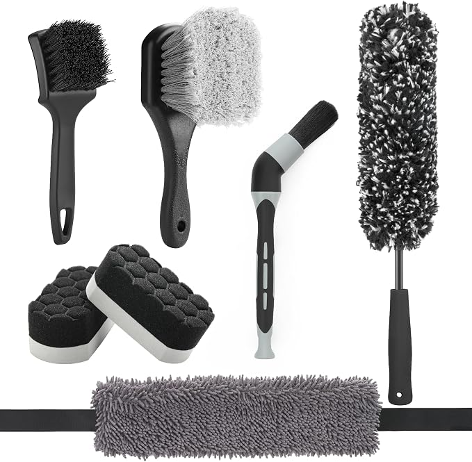 7PCS Car Wheel Brush Kit for Car Owners Detailers, Soft-bristled Brush, Tire brush for Car Detailing, Rim Cleaning Tape, Bendable & Curved Brushes and Pads for Home Shop, Cars Trucks RVs