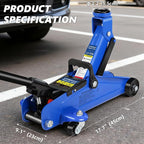 2 Ton Low Profile Floor Jack, 4000 lbs, with Tire Kit, Gloves & Bag – Blue | Steel jack, 4000 lbs, 5.3"-13" lift. Overload valve. Sealed cylinder. Tire kit and bag. For DIYers & mechanics, cars & SUVs.