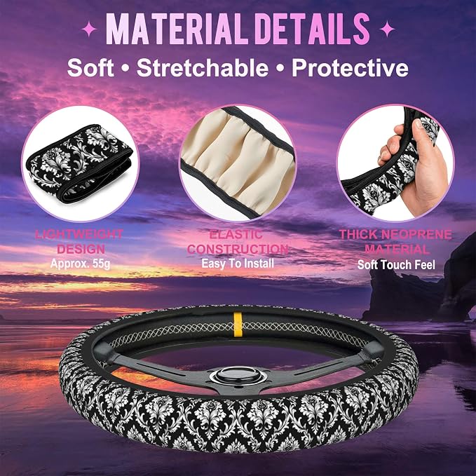 Black and White Damask Steering Wheel Cover for Women Men Neoprene Breathable Wheel Cover Protector Anti-Slip Car Accessories Universal 15 Inch Fit for Cars Trucks Vehicles