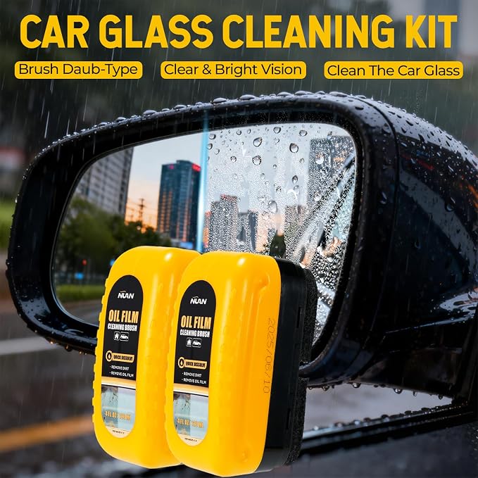 Oil Film Cleaning Brush for Car Windows, 2PCS Clear Vision Car Glass Cleaner with Anti-Rain Coating for Auto Windows and Windshields Improving Clarity, 8 fl oz / 240 mL