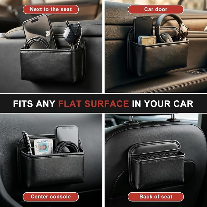 Car Seat Side Organizer, PU Leather Adhesive Storage Pocket, Car & Truck Interior Accessories, Auto Door Console Gap Filler, Sunglass Holder & Phone Pouch for Keys, Wallet, Cards, Pen, Black