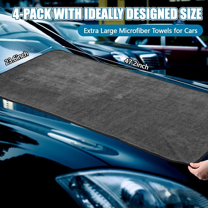 4 Pack Extra Large Car Drying Towels 48" x 24" Microfiber Towels for Car Detailing Ultra Absorbent Cleaning Cloth Without Streaks, Water Spots, Scratches for Trucks, Boat