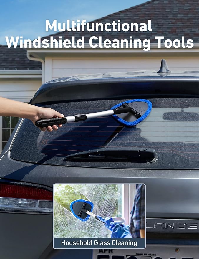 26" Super-Long Windshield Cleaner Tool, Car Interior Window Detailing Cleaning Kit with Extendable Handle and 4 Upgraded Reusable Microfiber Pads, Auto Glass Wiper Brush Kit for Car&Home, Blue