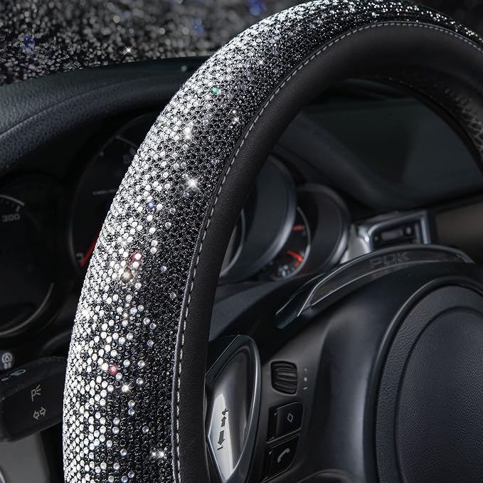 Bling Diamond Leather Steering Wheel Cover, Bling Sparkly Crystal Glitter Rhinestones Universal Fit 14" 1/2-15" Car Wheel Protector for Women Girl Fit Suvs,Vans,Sedans,Trucks, Black Silver