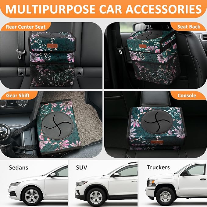 3 Gallons Car Trash Can with Lid, Car Trash Bag Bin Hanging Waterproof Automotive Garbage Cans Leak Proof Vehicle Trash Can Navy Floral