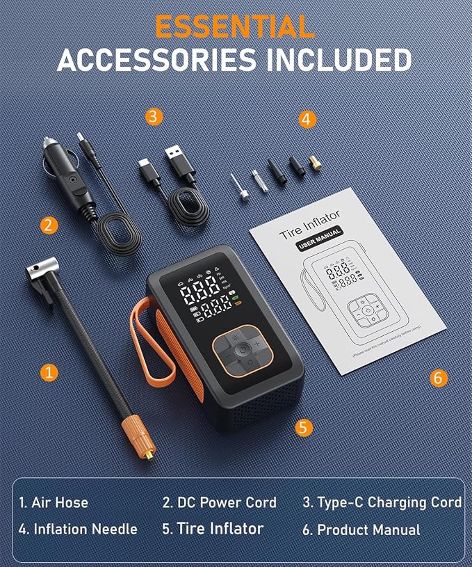 Tire Inflator Portable Air Compressor, 150PSI Cordless Air Pump with Digital Pressure Gauge, Air Pump with Cigarette Lighter Plug for Car, Motorcycle, Bicycle, Balls(Black)