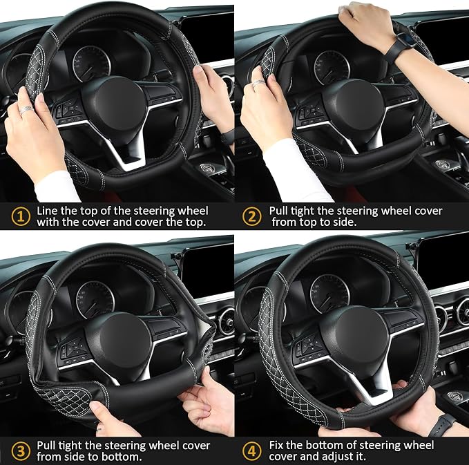 Flat Bottom Car Steering Wheel Cover for Nissan,D Shaped Steering Wheel Cover for Rogue,Altima,Kicks (Diamond Quilted-Black+Gray-Standard Size)