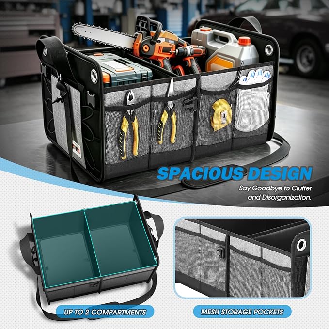 Trunk Organizer for SUV, Large Capacity Car Organizer and Storage with 2 Compartment, Foldable Trunk Organizer for Car, 70L Grey