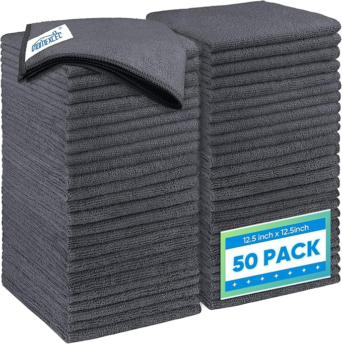 Grey Microfiber Cleaning Cloth 50 Pack, 12.5 x 12.5 inch Microfiber Towels for Cars, Ultra Absorbent Car Washing Cloth, Lint Free Streak Free Cleaning Rags for Car, Kitchen, and Window