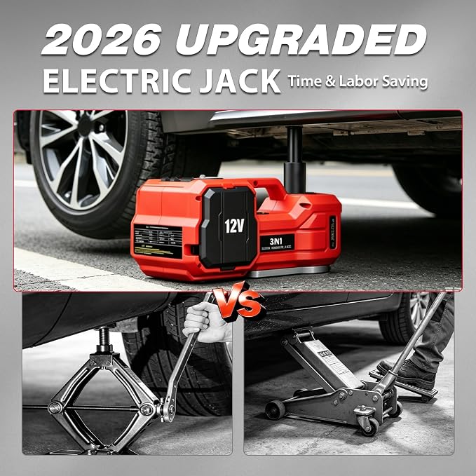 6T Electric Car Jack, 12V Portable Hydraulic Jack with Built-in Inflatable Pump, 550N·m Impact Wrench & LED Light, Lifting Height 6.1-17.7 Inch for SUV/Sedan/Truck/MPV Tire Change & Garage Repair