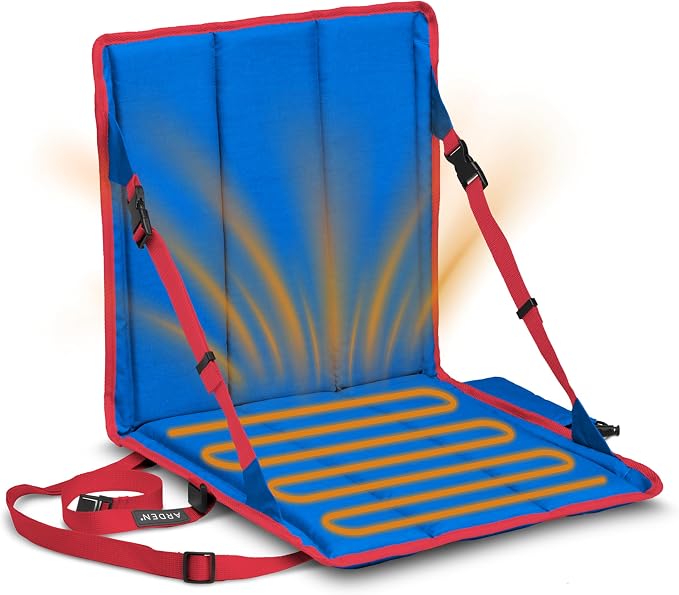 Heated Stadium Seat, Foldable, Lightweight with Carrying Strap, Foam Cushion for Comfort, Adjustable, Back Support, Multi-Functional Use As Stadium Seat or Seat Pad, Royal Blue/Red