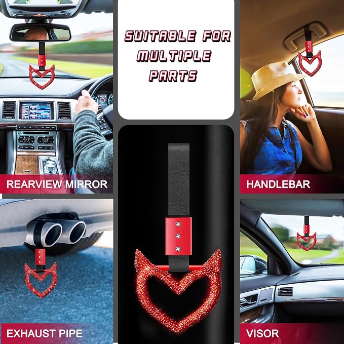 Bling Car Accessories Bling Heart Handle Ring Car Accessory for Women Heart Hand Strap Drift Charm Rear Bumper Warning Ring Decor for Auto Bus Interior Exterior Decoration (Red, Devil Style)