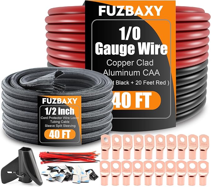 40FT 0 Gauge Wire Copper Clad Aluminum,1/0 Battery Cable Wire,Lugs Terminal Connectors,Heat Shrink Tubing,40FT 1/2 PET Expandable Braided Sleeving,Cable Sleeve