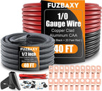 40FT 0 Gauge Wire Copper Clad Aluminum,1/0 Battery Cable Wire,Lugs Terminal Connectors,Heat Shrink Tubing,40FT 1/2 PET Expandable Braided Sleeving,Cable Sleeve