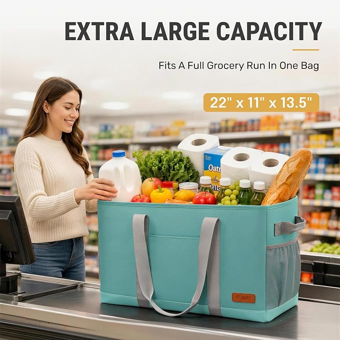 Extra Large Utility Tote Bag - Standing Reusable Grocery Bag with Handle, Collapsible Storage for Shopping, Beach