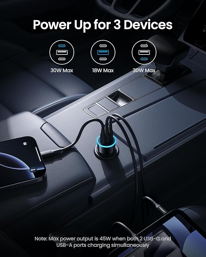 60W USB C Car Charger - Car Phone Charger Adapter PD30W & QC3.0 Fast Charging, Car USB Charger Multi Port, Cigarette Lighter USB Charger, Car Charger with LED for iPhone 17/16/15/14/13/12 Series