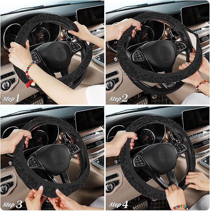Black Leopard Steering Wheel Cover with 2 PCS Cup Coasters for Car,Black Cheetah Print 15 Inch Non-Slip Neoprene Steering Wheel Covers,Breathable Car Accessories Fit for Men Women
