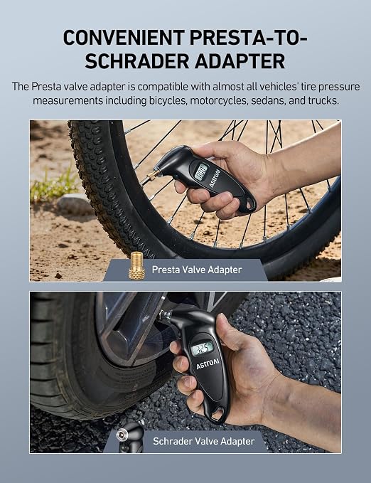 Digital Tire Pressure Gauge with Replaceable AAA Batteries 0-150PSI, Accurate in 0.1 Increments, Tire Gauge with Backlit LCD, Presta Valve Adaptor, 4 Units for Car Truck Bicycle, Black, 2pack