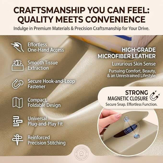Magnetic Foldable Car Tissue Box - Easy-Install Tissue Holder for Sun Visors and Seat Backs,Premium Leather Car Napkin Organizer—Designed for Commuters,Rideshare Drivers and Families(Beige)