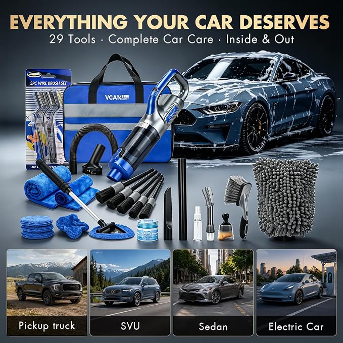 29PCS Car Cleaning Kit Interior Detailing for Men Women（Blue） | 17000PA High Power Handheld Cordless Car Vacuum Rechargeable, Detailing Brush Set, Windshield Cleaner Tool, Tire Brush