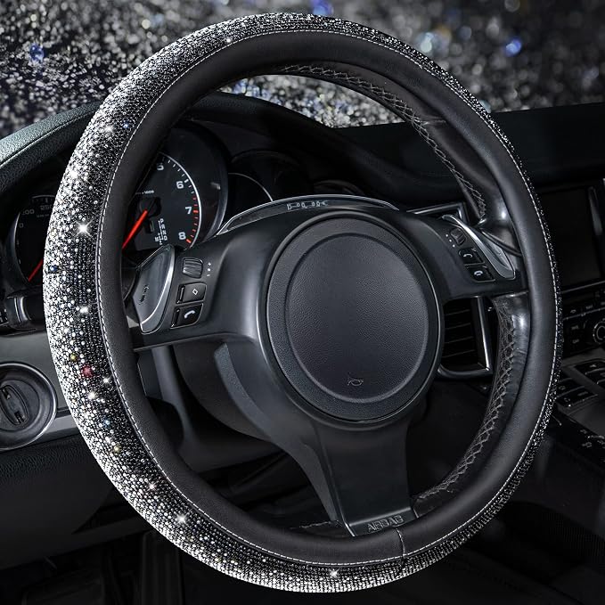 Bling Diamond Leather Steering Wheel Cover, Bling Sparkly Crystal Glitter Rhinestones Universal Fit 14" 1/2-15" Car Wheel Protector for Women Girl Fit Suvs,Vans,Sedans,Trucks, Black Silver
