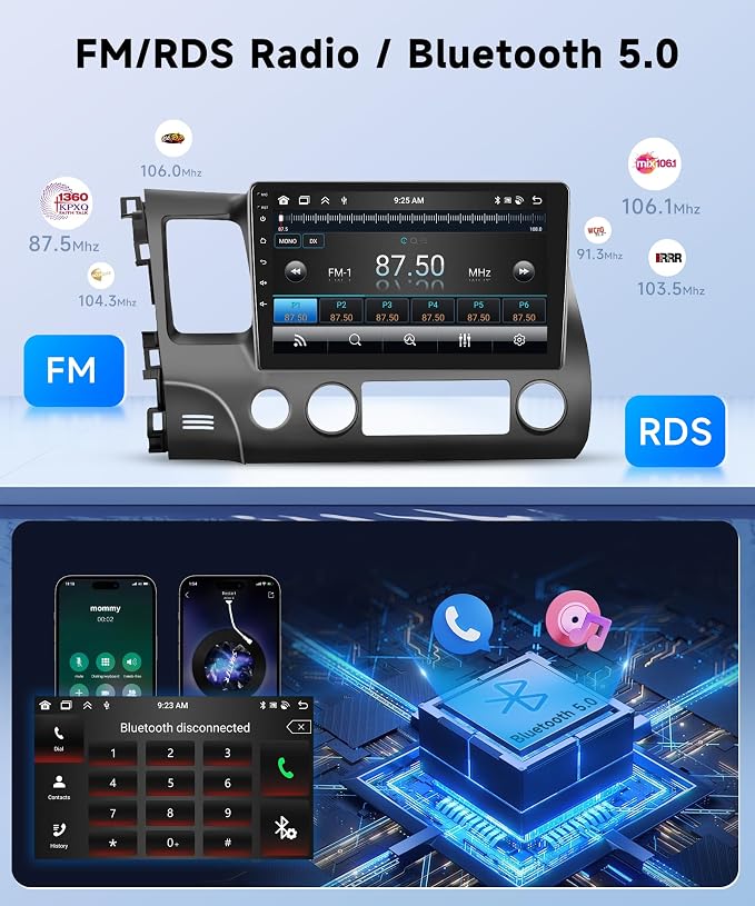 8Core 4+64G Car Stereo for Honda Civic 2006-2011 Wireless Carplay Android Auto,10.1 inch 1280 * 720P IPS Touch Screen Radio,Android15/GPS/5G WiFi/32EQ DSP/59UI/Bluetooth5.0/SWC/Backup Camera&Mic