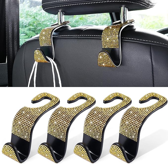 Car Seat Headrest Hook, Auto Seat Hook Hangers Storage Organizer Interior Accessories for Purse Coats Umbrellas Grocery Bags Handbag, 4-Pack(Bling Gold)