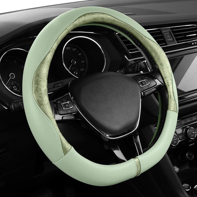 Steering Wheel Cover, Green Patterned Leather Patchwork Design, Universal Fit 14.5"–15.5" D-Shape Steering Cover, Soft PU Grain Leather, Durable Grip Car Accessory for Girls & Women