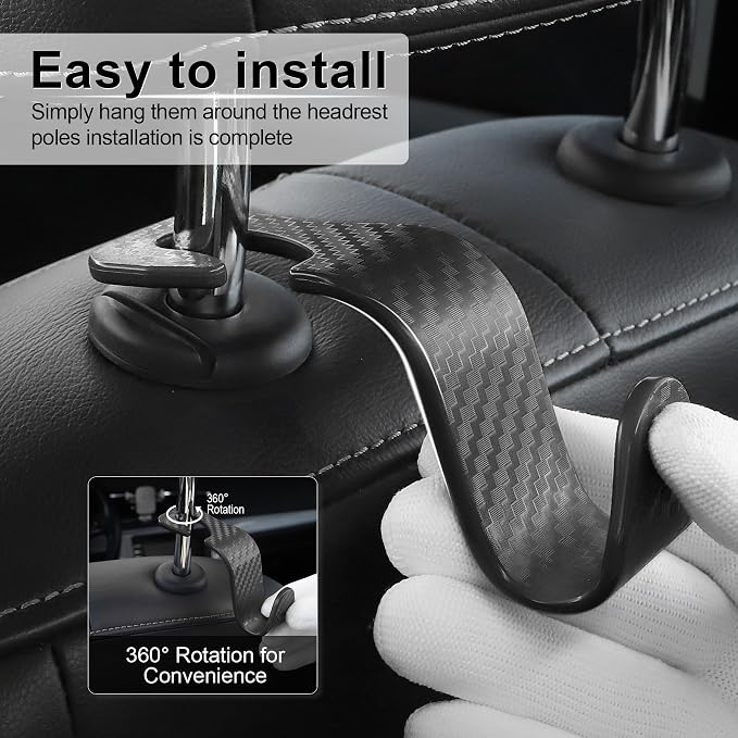 Car Purse Hook, 4 Pack Universal Auto Seat Headrest Hook Hangers Organizer for Coats, Umbrellas, Groceries - Carbon Fiber Black | Universal