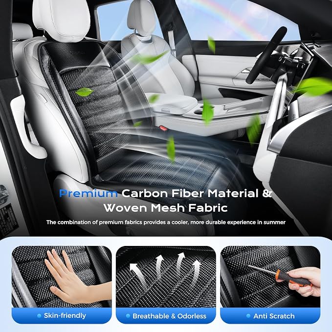 Coverado Cooling Car Seat Cover, Ventilated Seat Cushion with Dual Turbo Fans, 3 Wind Speed, Built-in USB Ports, Breathable Mesh & Carbon Fiber Fabric, Cooled Seat Cover Universal Fit for Cars, Black
