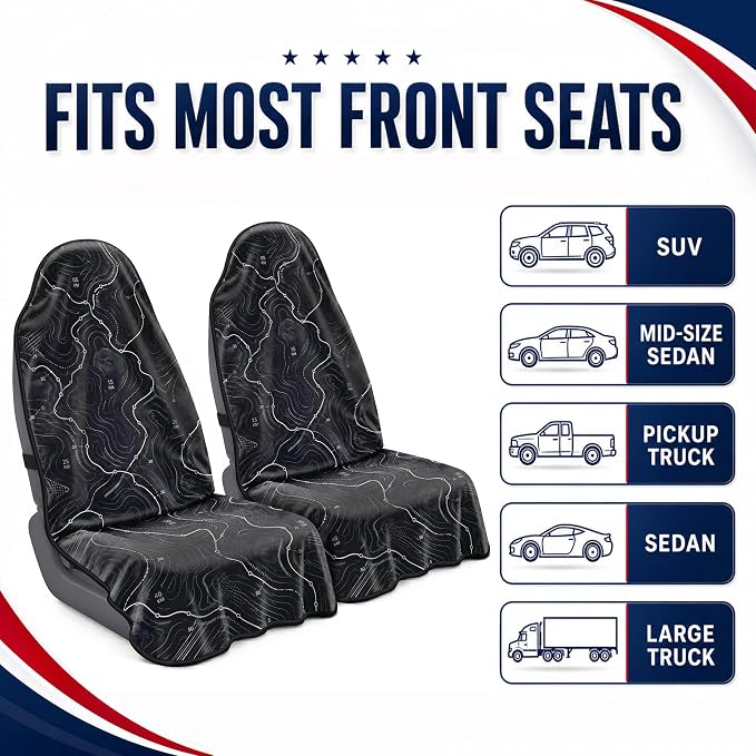 Car Seat Towel Cover 2 Pack for Front Seats, Sweat Absorbent Car Seat Protector with Non-Slip Backing, Waterproof Towel Car Seat Covers for Runners, Gym, Swimming, Beach, Pets, Trail Map