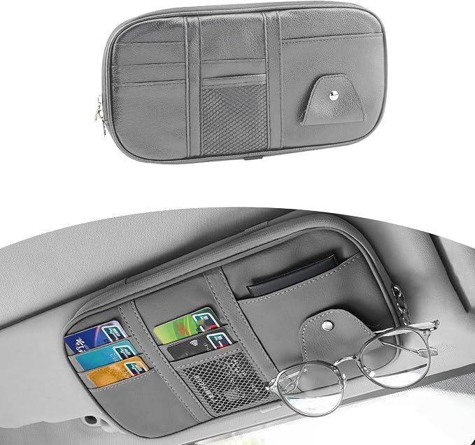 Car Sun Visor Organizer, Sunglass Holder and Storage Pocket, Card Cash Pouch with Multi-Pocket Net Zipper, Case Bag for License Pen Key, Auto Accessories for Truck, SUV, Van (Gray)