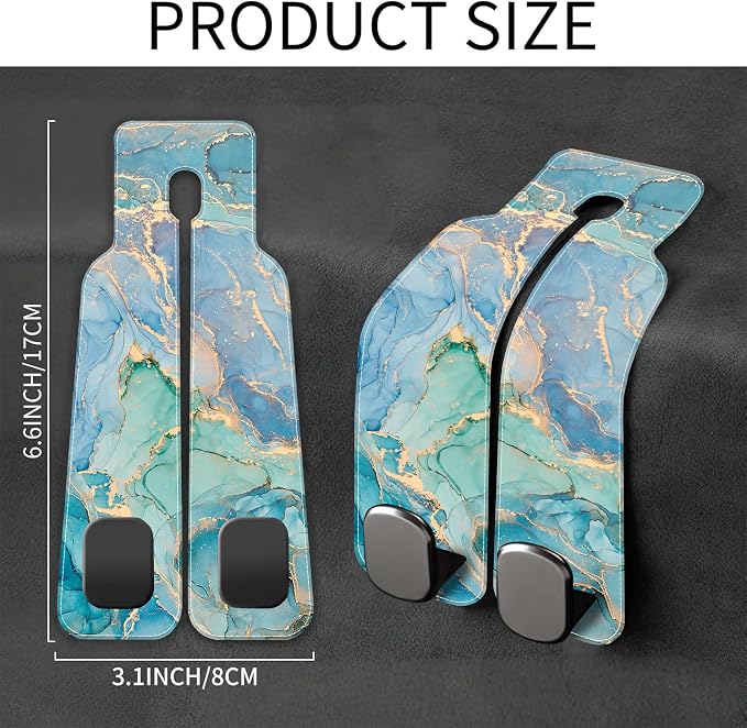 Car Seat Headrest Hooks for Purses and Bags Abstract Turquoise Golden Marble 1 Pack Bag Purse Holder for Car with Double Metal Hooks Car Purse Hanger Hanging Accessories