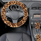 Fuzzy Car Steering Wheel Cover, Universal Fit Fur Auto Wheel Cover & Handbrake Cover & Gear Shift Cover Set, Anti-Slip Leopard Warm Fluffy Vehicle Wheel Protector Car Accessories for Men Women