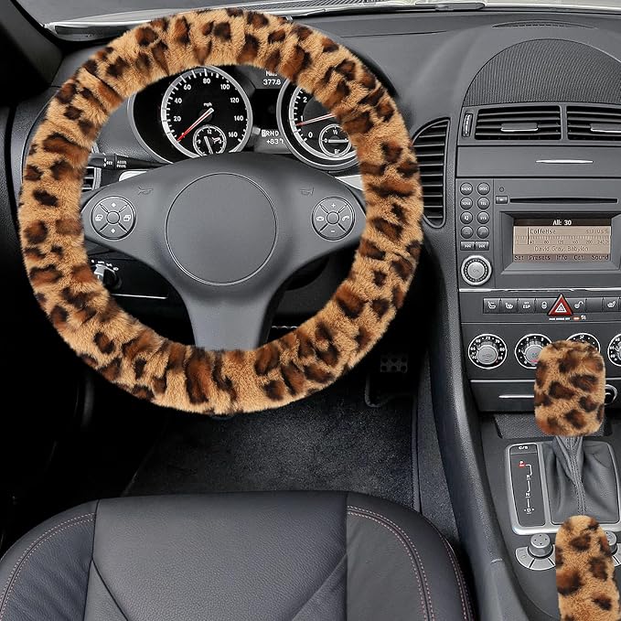 Fuzzy Car Steering Wheel Cover, Universal Fit Fur Auto Wheel Cover & Handbrake Cover & Gear Shift Cover Set, Anti-Slip Leopard Warm Fluffy Vehicle Wheel Protector Car Accessories for Men Women