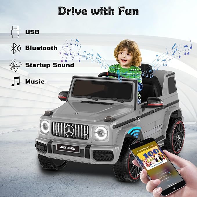Licensed Mercedes-Benz G63 Car for Kids, 12V 7AH Ride on Car w/Parent Remote Control, LED Headlights, Music Player & Horn, Soft Start, Low Battery Prompt, Kids Electric Car, Grey