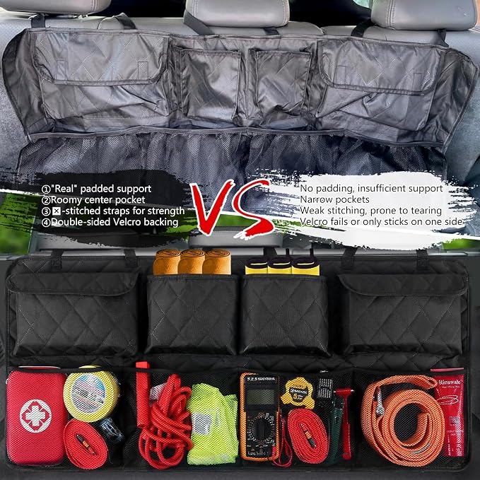 Car Trunk Hanging Organizer 3D Textured Ripple Design, Cotton-Padded Farewell to Collapse, Reinforced Stitching, Extra-Wide Pocket, Backseat Grocery Storage Bag with 8 Pockets for SUV,Truck,Van