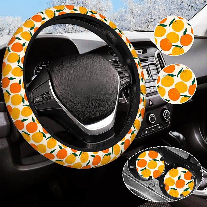 Orange Steering Wheel Cover Anti-Slip and Practical 14.5-15 Inch Universal Car Steering Wheel Cover with 2 Pieces Car Coasters Suitable for Men Women