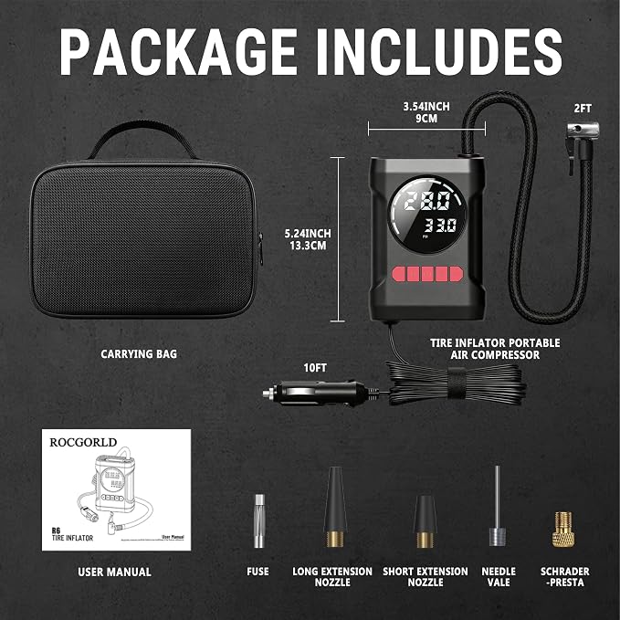 R6 12V DC Tire Inflator Portable Air Compressor, Car Air Pump with Dual Digital Display, Preset Pressure, Auto Shut-Off, 3 Light Modes, Plug-In Tire Pump for Cars, Motorcycles, Bikes, Balls