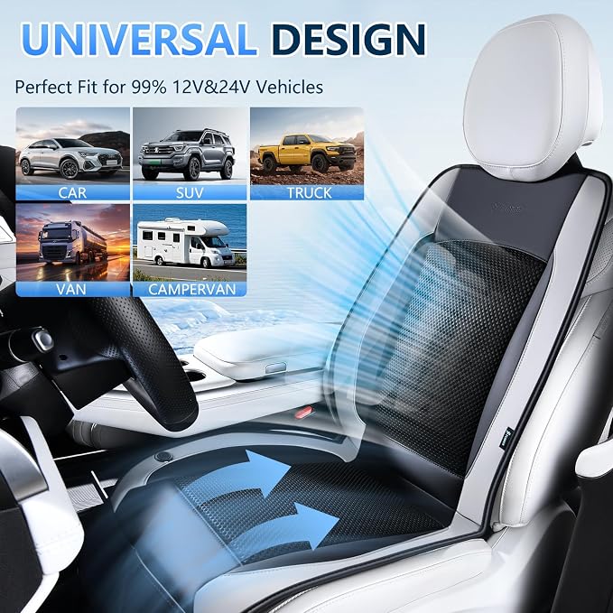 Upgraded Cooling Car Seat Cover Front Seat with Blowing&Suction, 12V-24V Ventilated Car Seat Cushion with 2 Turbo Fans, 3-Speed Adjustable Universal Fit Breathable Car Cushion for Summer Driving-Gray