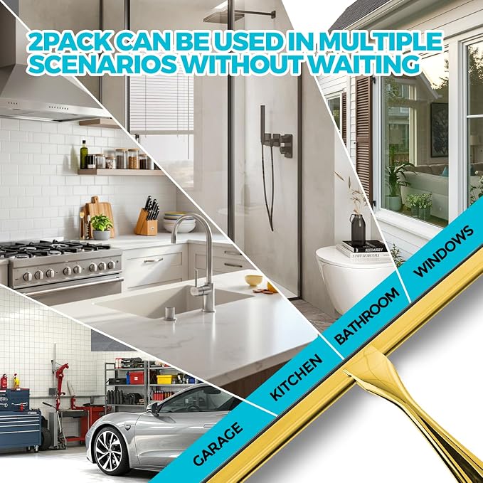 2pcs Shower Squeegee for Glass Doors with Adhesive Hanging Hook Set | 12” gold, bathroom accessories, window cleaner, new home essentials, soft rubber blade, metal handle, ergonomic grip